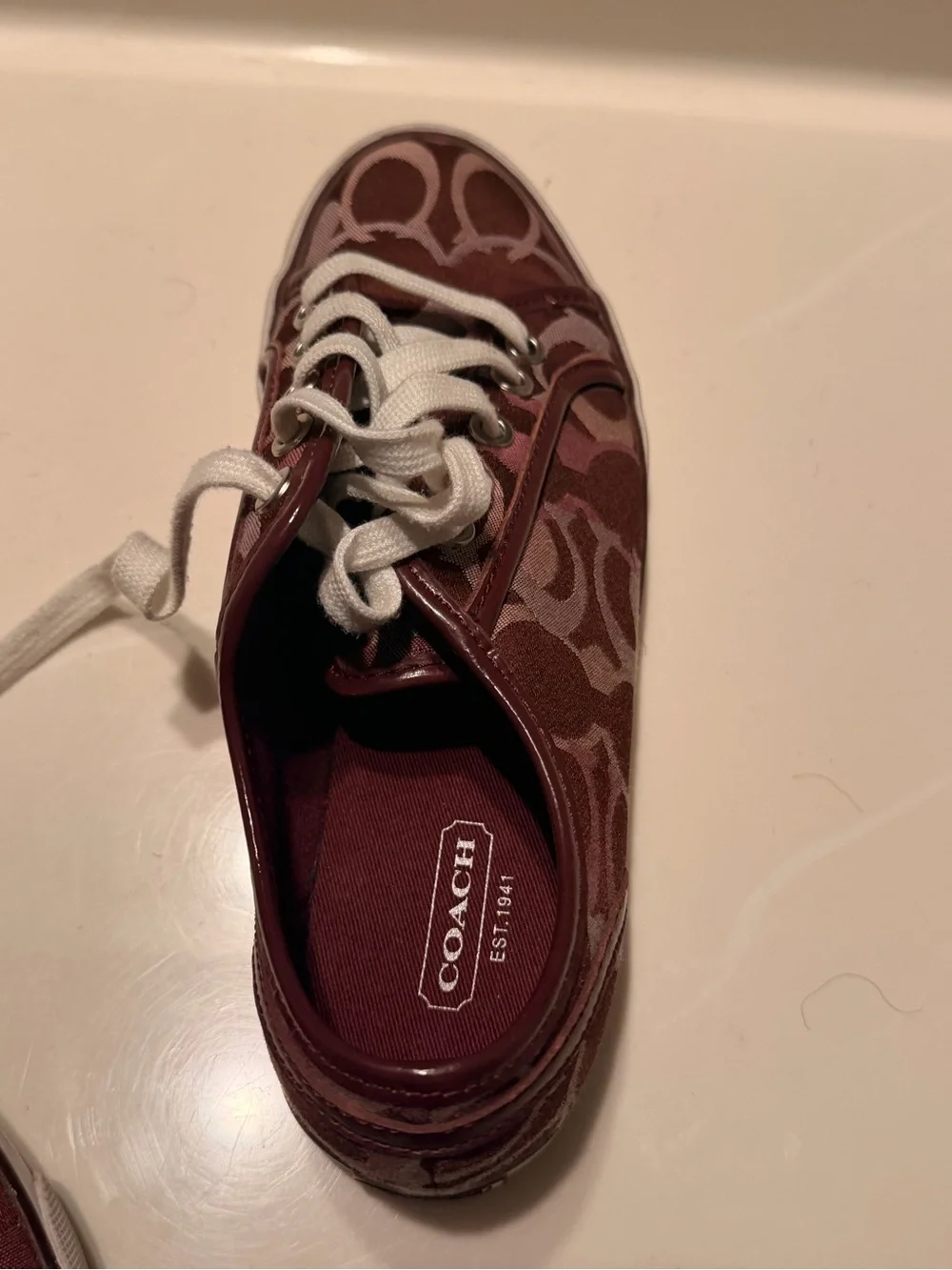 Coach Women's Burgundy Signature Canvas Sneakers with White Laces
